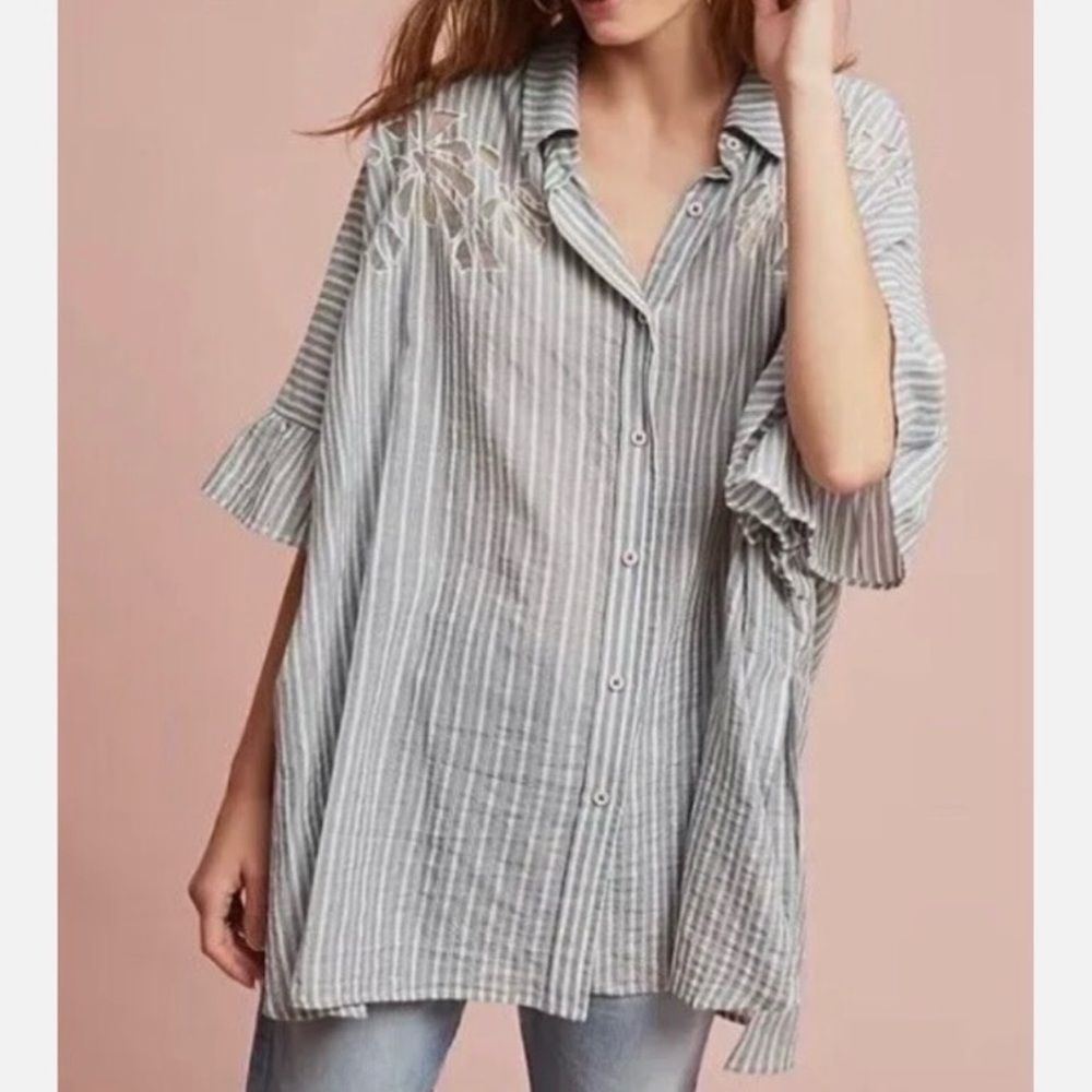 Anthropologie Gray Striped Floral Short Sleeve Oversized Buttondown Shirt L - Picture 3 of 13